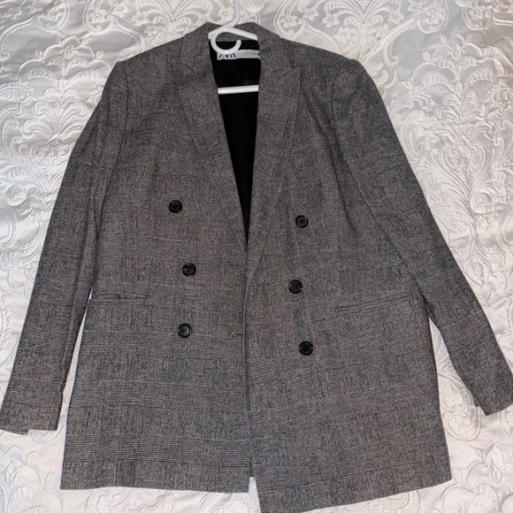 Zara: Grey & Black Plaid Double Breasted Blazer - Picture 4 of 4